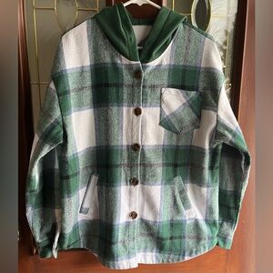 Green & White Cotton Blend Flannel Shirt Jacket Hooded Shacket Oversized Medium